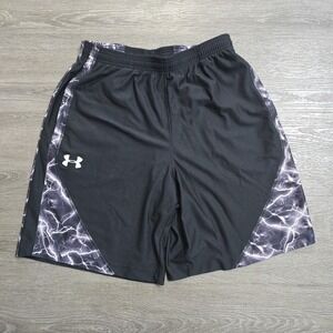 Vintage Under Armour Loose Fit Gym Shorts Lightning‎ Bolt Print Bkack Mens M EUC